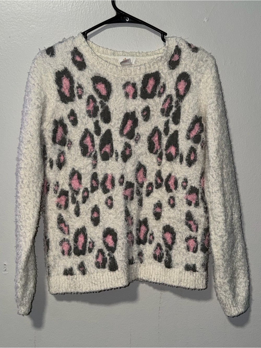Circo Cream Fuzzy Sweater with Gray and Pink Leopard Print